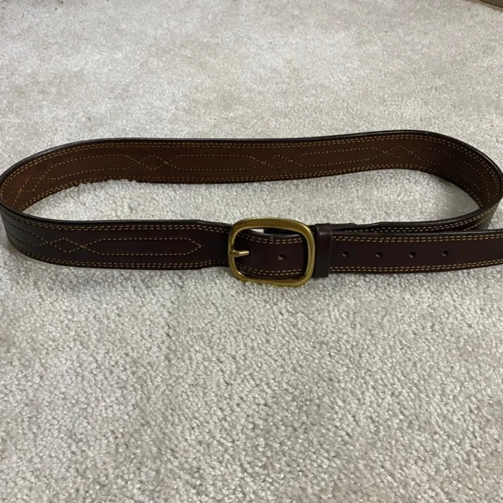 Green Hill Collection Mens Brown Leather Belt Brass Buckle XL Stitched Thick
